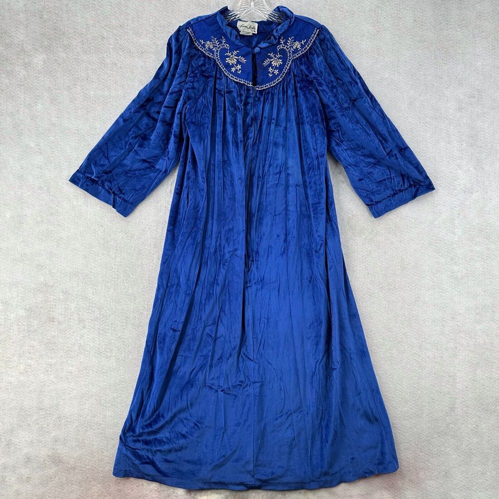 Vintage Velvet Nightgown House Dress‎ MEDIUM Half Zip Robe STUNNING Blue Velour